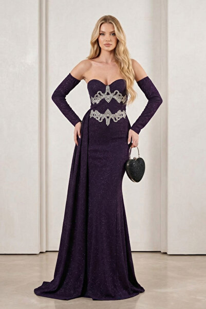 LAREON Βραδινό φόρεμα στράπλες Fukuro με ασημί λάμψη και κεντημένες χάντρες σ...