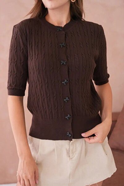 Park Karon 12036 Crew Neck Bow Button Detailed Hair Knit Premium Yarn Knitwea...