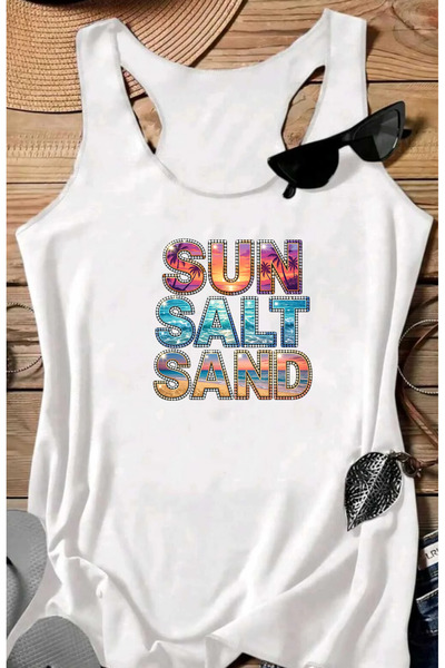 SUNFREE Γυναικείο μπλουζάκι με στάμπα SEA SAND SUN, αμάνικο μπλουζάκι για κολ...