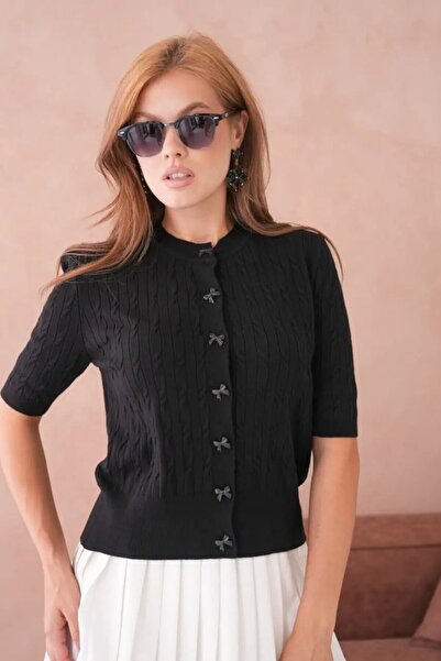 Park Karon 12036 Crew Neck Bow Button Detailed Hair Knit Premium Yarn Knitwea...