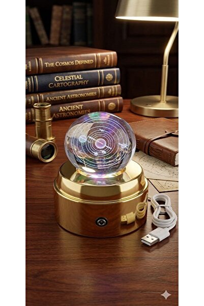 MOBGİFT 360 Derece Dönen Sarı LED Işıklı Gold Standlı USB'Lİ Kristal Gezegenl...