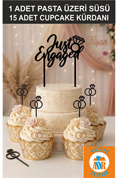 Atölye Doruk Nişan Pastası Dekoru Just Engaged Yazısı Pasta Süsü-Siyah Söz Ni...