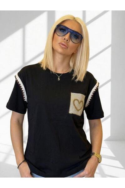 Kokoşum Butik 7511 Μπλουζάκι με σχέδιο καρδιάς και γκλίτερ, μαύρο