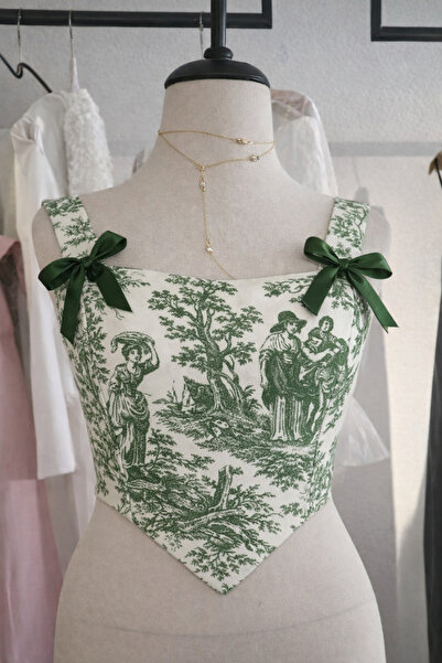KARDELEN YAPALI Kadın Yeşil Desenli Bağcıklı Korse Bustiyer Crop Top Şık Vintage