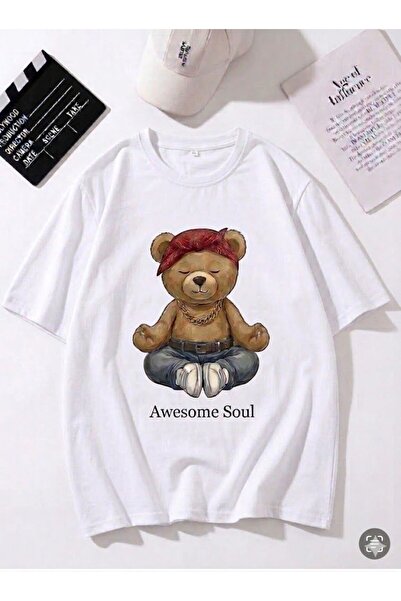 Duzor Unisex Short Sleeve White T-Shirt Teddy Bear Soul Yoga Oversize,Premium...