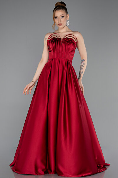 Abiyefon Bordo Straplez Uzun Saten Abiye Elbise ABU5105