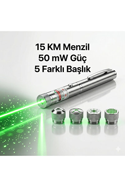 shopExxtra 15 KM Etkili Yeşil Işıklı Sunum Kalemi - 5 Farklı Başlıklı