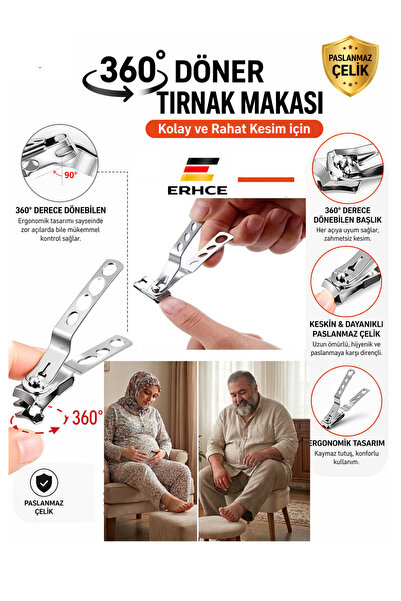 ERHCE 360° Döner Başlık Büyük Boy Tırnak Makası Paslanmaz Çelik Kolay ve Eriş...