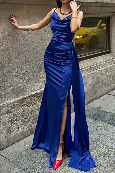 XXL BUTİK Γυναικείο φόρεμα αποφοίτησης Saks με σατέν τιράντες και λεπτομέρεια...