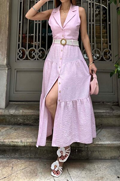 XXL BUTİK Γυναικείο ροζ λινό φόρεμα μίντι με λεπτομέρεια ζώνης και κουμπιά ES...