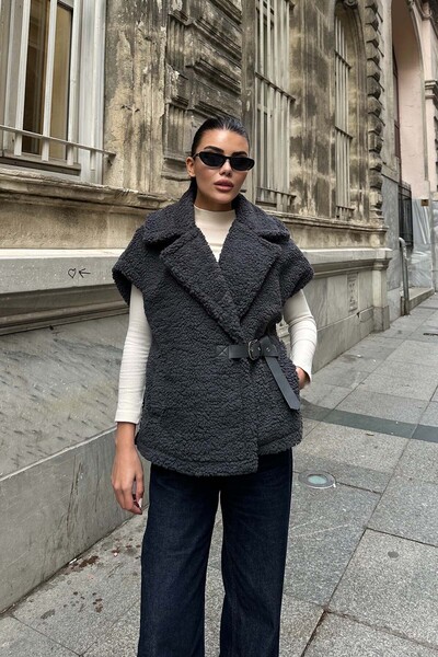 XXL BUTİK Γυναικείο βελούδινο γιλέκο ανθρακί με λεπτομέρεια ζώνης Oversize ES...