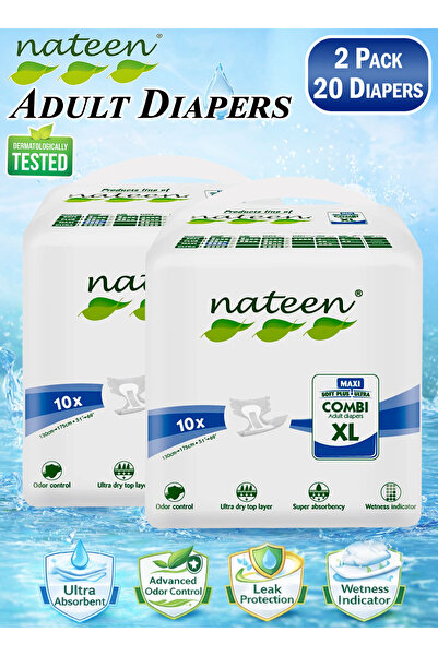Nateen 20 قطعة في عبوتين من حفاضات كومبي ماكسي للكبار مقاس XL، للاستخدام مرة ...