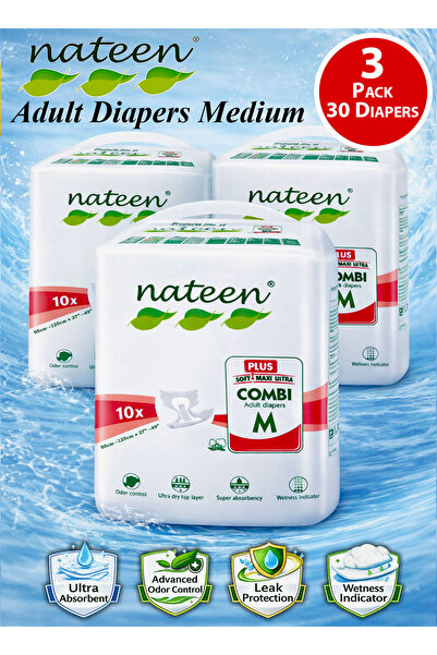 Nateen 30 Count 3 Pack Combi Plus Adult Diapers Medium Incontinence Disposabl...
