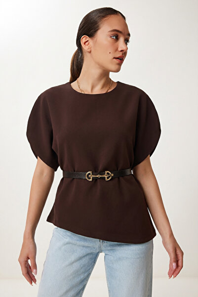 Lovelyİstanbul Ασύμμετρη υφαντή μπλούζα με ζώνη LZH0025 ΚΑΦΕ