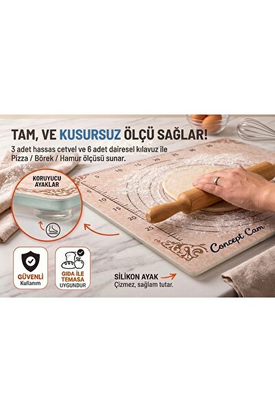 CONCEPT CAM Tempered Glass Cutting Board |   Dough Measuring Guide |   Non-Sl...