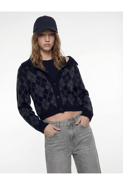 Koton Long Sleeve Buttoned Polo Collar Argyle Patterned Cardigan