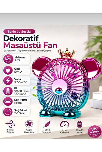 Wokai USB Şarjlı Dekoratif Masaüstü Fan 1200mAh Sessiz Mini Vantilatör 3 Kade...