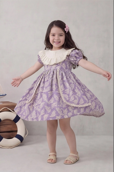 BABY SPORT Kız Çocuk Elbise Desenli Fırfırlı Yakalı Şık Yazlık Elbise