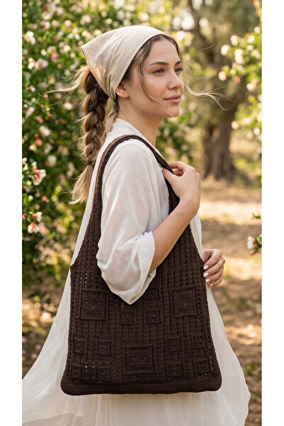 KRD Vintage Kare Motifli Yaz Çantası Kahve