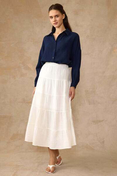 Olcay Μακριά φούστα μουσελίνας με λεπτομέρεια με κορδόνια ΛΕΥΚΗ 7062