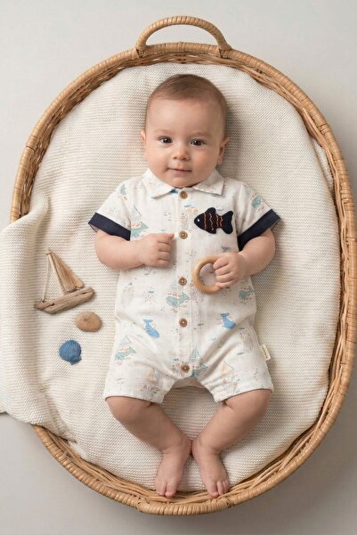 Bebezade Eid 100% Cotton Muslin Baby Boy Romper with Fish Accessories, Jumpsuit