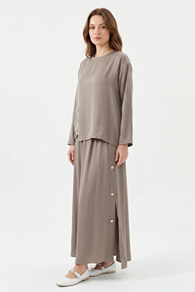 Ceremony Saphire Set with Snap Detail Accessories on Blouse and Skirt 956 Khaki