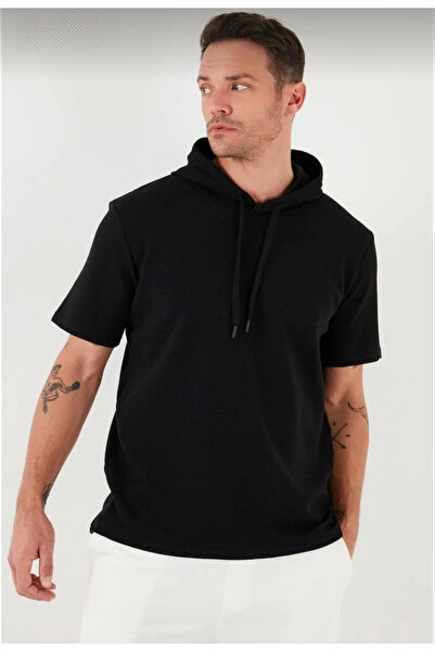 SERERO VOGUE Erkek Kapüşonlu Tişört Kısa Kol Düz Oversize T-shirt - Siyah