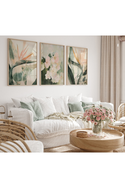 TekTablo Μοντέρνο Βοτανικό Σετ Πίνακες με Λουλουδάτα Σχέδια 3 τεμαχίων με Κορ...