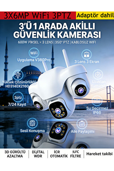 Dobest 3 Kamerali 3 PTZ 3X6MP WiFi lle Calisan Guvenlik Kamerasi Full Hd IP66...