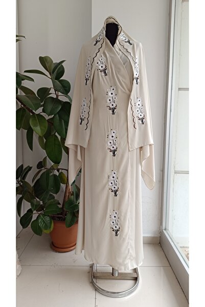 Misue Handmade Medina Silk Embroidered Tie-On Prayer Dress + Shawl, Umrah Dre...