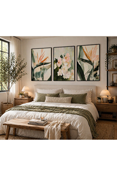 TekTablo Μοντέρνο Βοτανικό Σετ Πίνακες με Λουλουδάτα Σχέδια 3 τεμαχίων με Κορ...