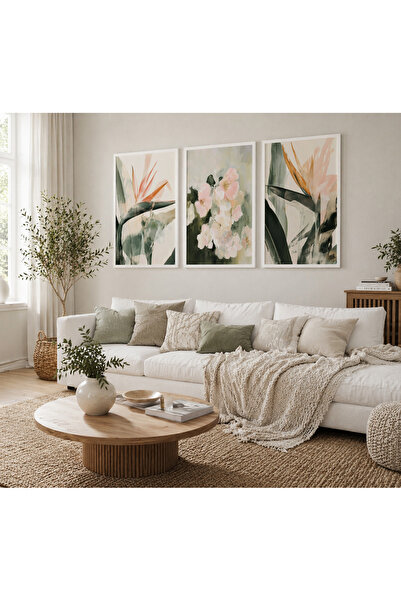 TekTablo Μοντέρνο Βοτανικό Σετ Πίνακες με Λουλουδάτα Σχέδια 3 τεμαχίων με Κορ...