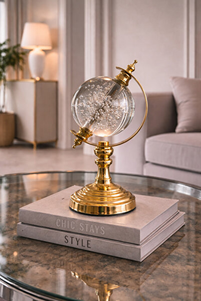 Nazik Aksesuar Sahra Modern Gold Ayaklı Dekoratif Cam Dünya Küre Obje Biblo 28cm