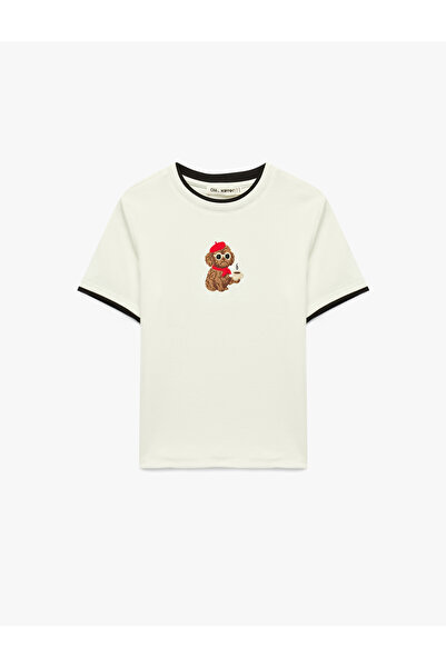 Koton Slim Fit Short Sleeve Crew Neck Modal Blend Dog Embroidered T-Shirt