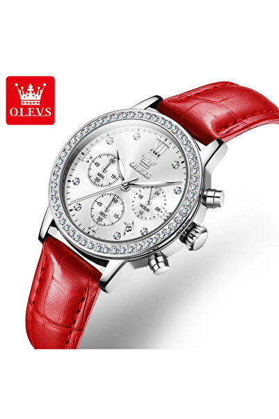 OLEVS Women’s Elegant Crystal Chronograph Watch with Red Leather Strap