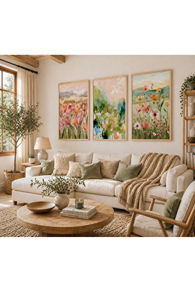 TekTablo Σετ 3 πίνακων με παστέλ λουλουδάτα σχέδια με κορνίζα – Μοντέρνα διακ...