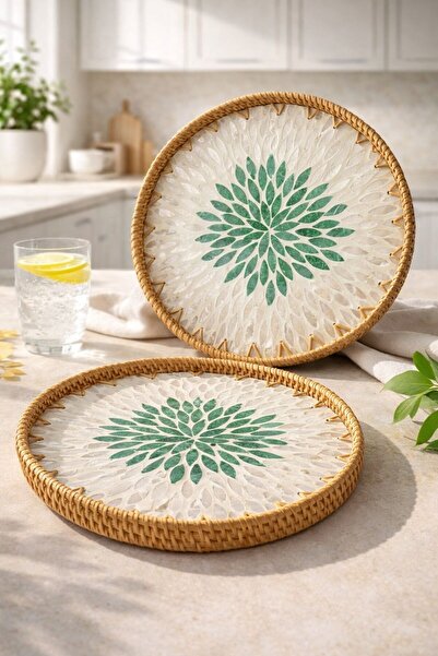 morponi طقم من 2 صينية تقديم مستديرة مصنوعة يدويًا من الخيزران الطبيعي، صينية...