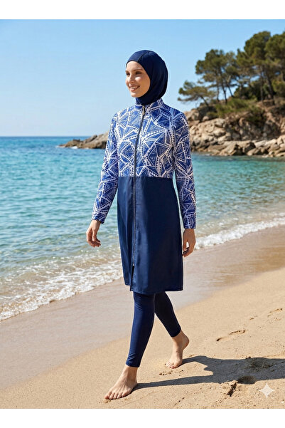 My-o Γυναικείο ολόσωμο μαγιό με μπλε ριγέ σχέδιο και χιτζάμπ