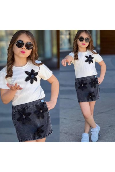 RAPAPA Girl's White Blouse Black Floral Skirt Set-2526