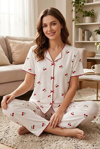 Fulla Moda Cherry Patterned V-Neck Pajama Set