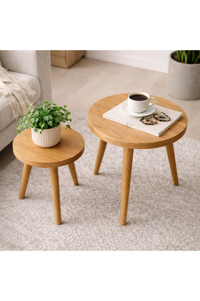 Trihome Masif Gürgen 2’li Zigon Sehpa – Modern Minimal Ahşap Yan Sehpa Seti