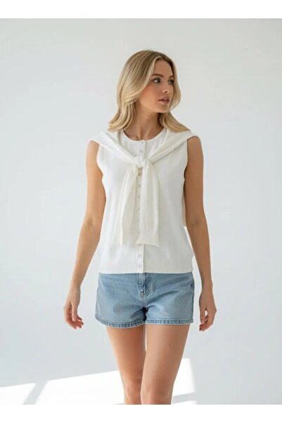 Park Karon 12476 Shawl Detailed Crew Neck Viscose Yarn Knitwear Vest