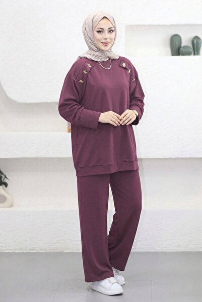 Suede Style 6076 - Κομψό, άνετο, χαλαρό γυναικείο σετ με λεπτομέρεια από ύφασ...