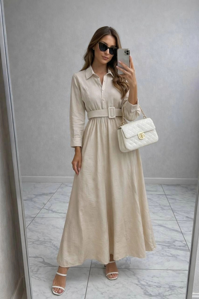 Butik Bej Modal Kumaş Beli Lastikli Kemerli Elbise Modelimiz