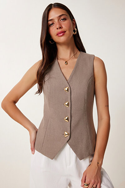 Lovelyİstanbul Gold Düğmeli Örme Yelek LUB0328 VİZON