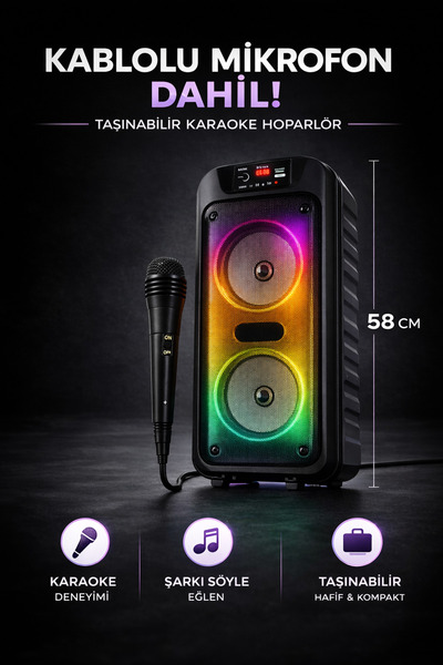 Weskam Ultra Güçlü RGB LED Karaoke Bluetooth Hoparlör Mikrofon Dahil Taşınabi...