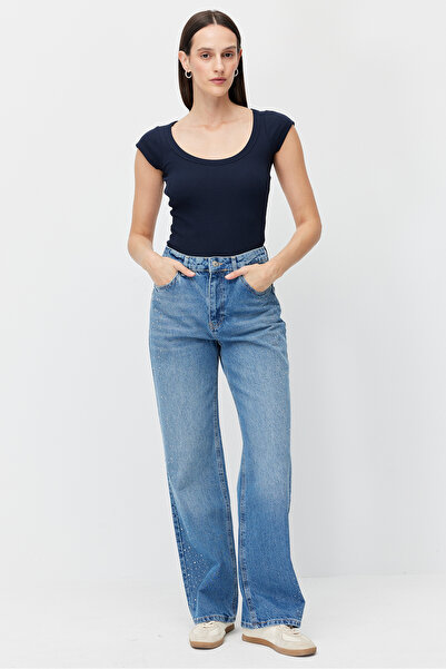 PAULMARK Γυναικείο παντελόνι τζιν με φαρδιά μπατζάκια και πέτρινη διακόσμηση