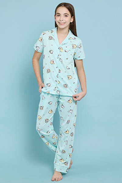 R&B Hello Kitty Print Lapel Collar Pyjama Set