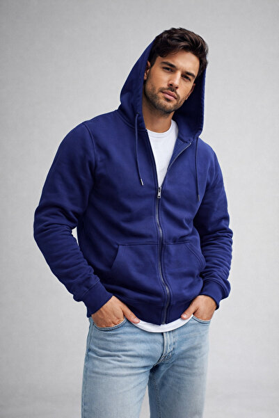 Rich Men's Navy Blue Cotton Hooded Basic Cardigan