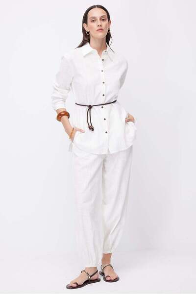 PAULMARK Γυναικείο λινό παντελόνι με ελαστικό τελείωμα στα μπατζάκια